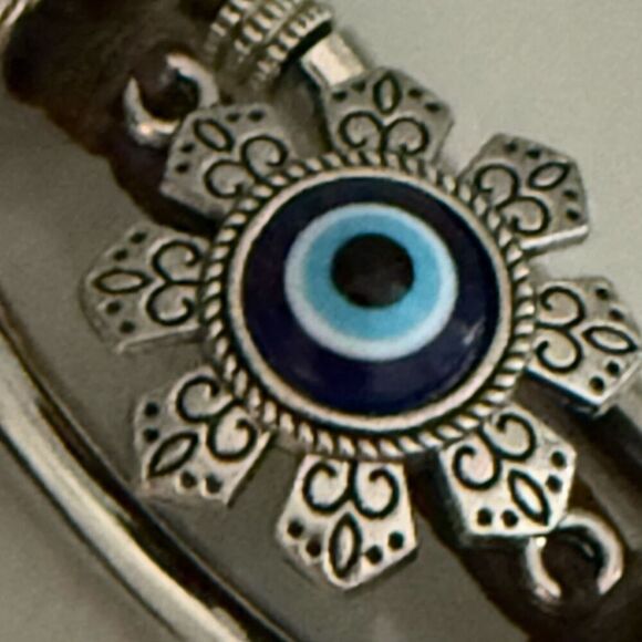 Evil Eye Cuff Bracelet – 8” Brown Leather Boho Style - Picture 4 of 9